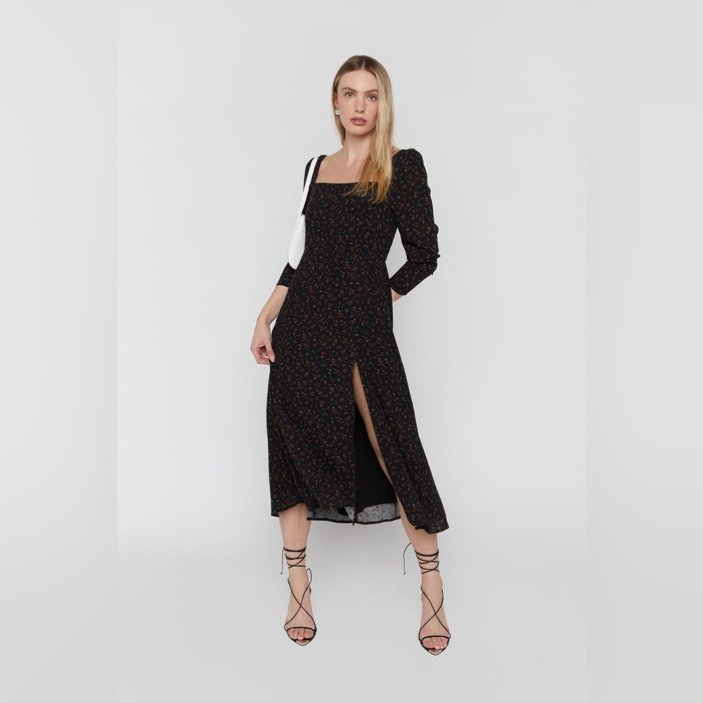 Oak + Fort Black Floral Midi Dress with Square Neck and Side Slit Size XS New